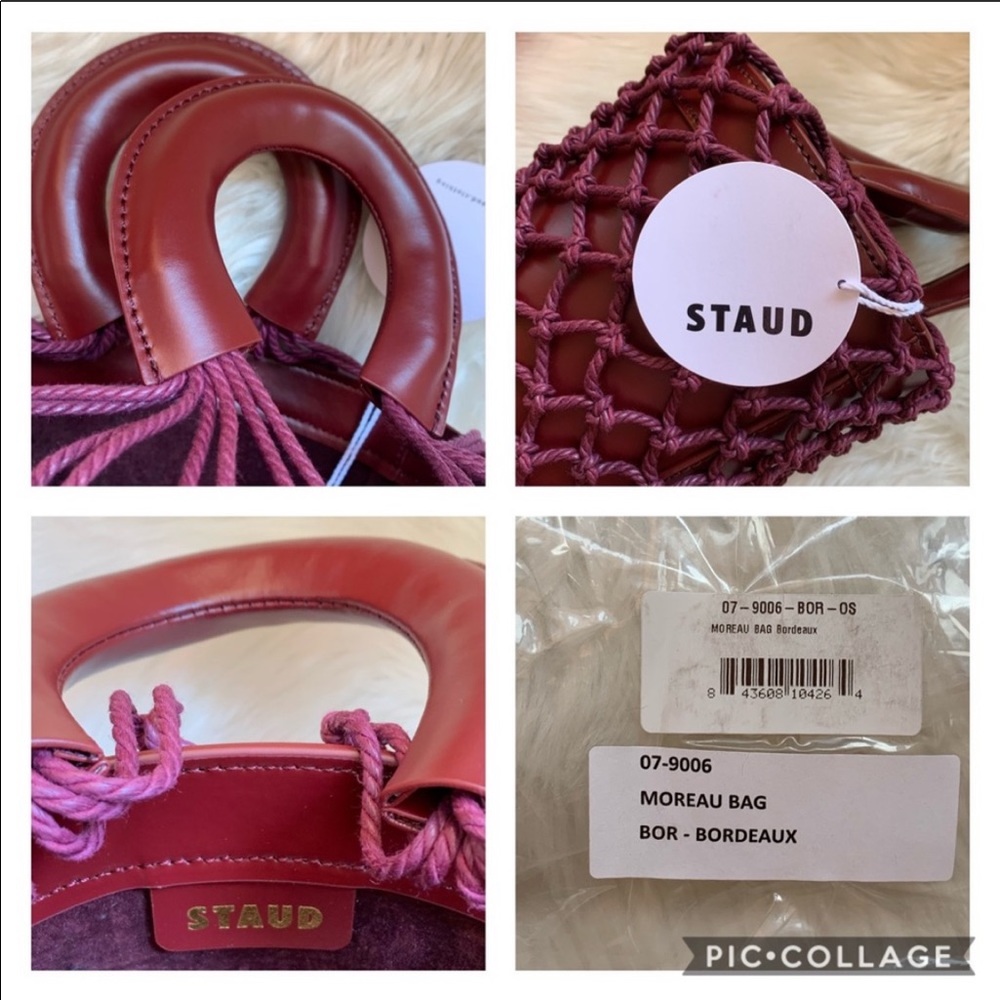 New! STAUD Monreau Bordeaux Leather Net Bucket Bag - Picture 11 of 11